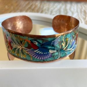 🌞HP🌞Vintage Hammered Copper Handpainted Hummingbird Cuff Bracelet
